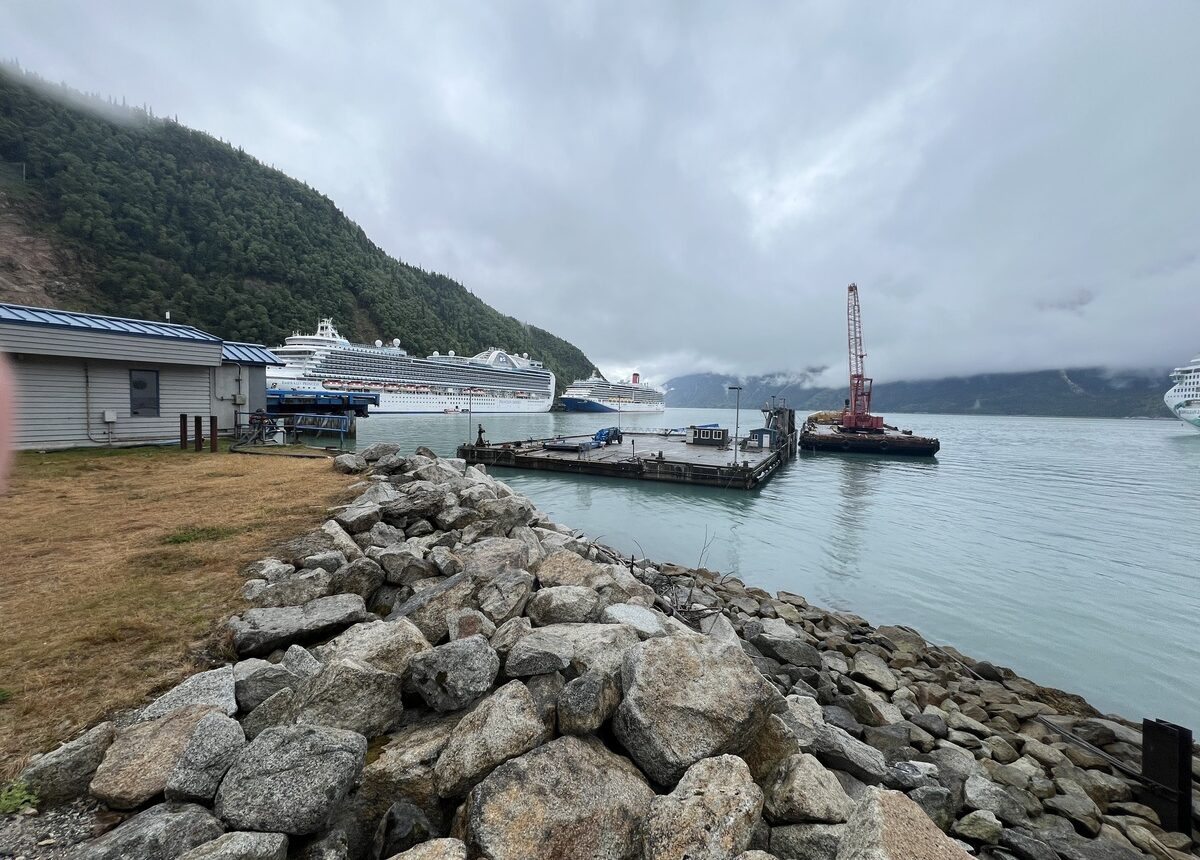 The Skagway AMHS ferry dock with ramps removed as DOT&PF works on repairs. Photo by Jeff Brady